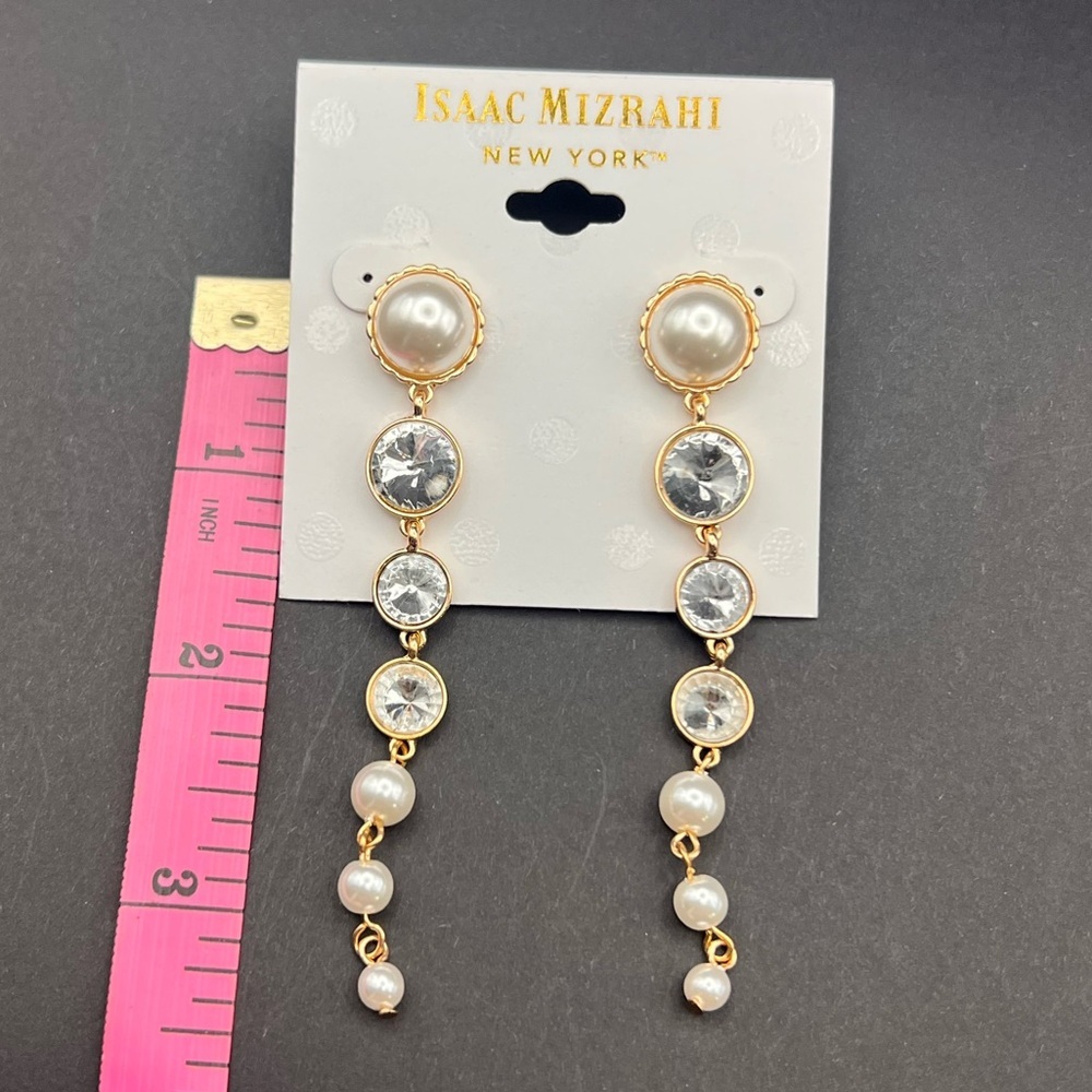 Isaac Mizrahi New York faux Pearl & Crystal Long Dangle Earrings - Picture 4 of 5